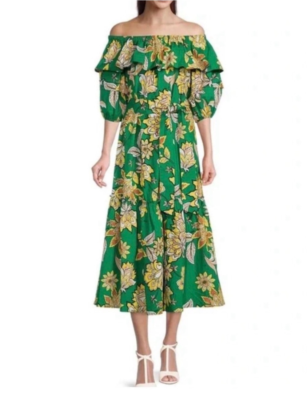 Gibson Latimer Green Off-Shoulder Floral Dress Size Small